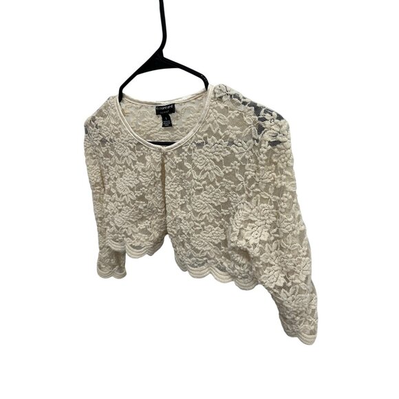 Connected Apparel Womens Ivory Scalloped Lace Cropped Cardigan Shrug SZ Small - Picture 3 of 8